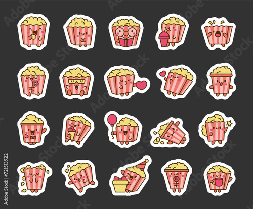Cute kawaii popcorn character. Sticker Bookmark. Cartoon funny striped bucket of crunchy food. Hand drawn style. Vector drawing. Collection of design elements.