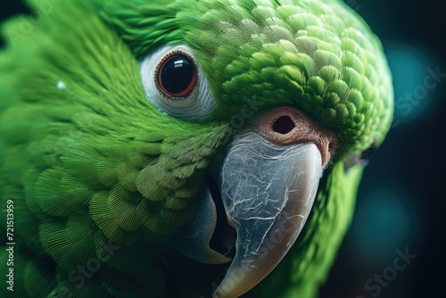 A close-up view of a green parrot's face. Can be used as a vibrant and eye-catching image for nature, wildlife, or tropical themes