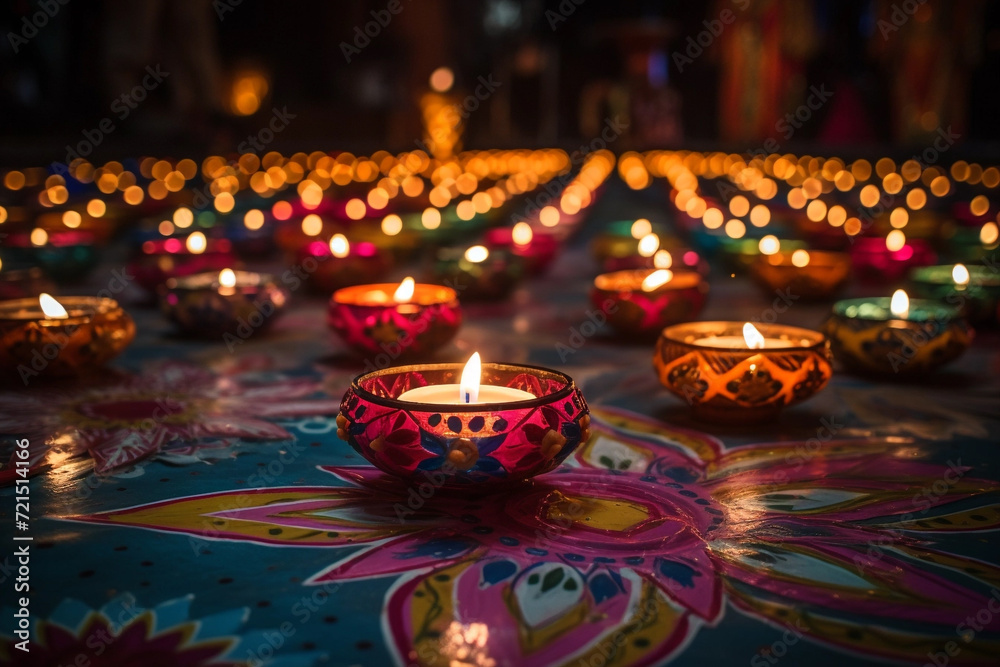 Oil lamps and candles lit at night during diwali celebration Oil lamps and candles lit at night during diwali celebration