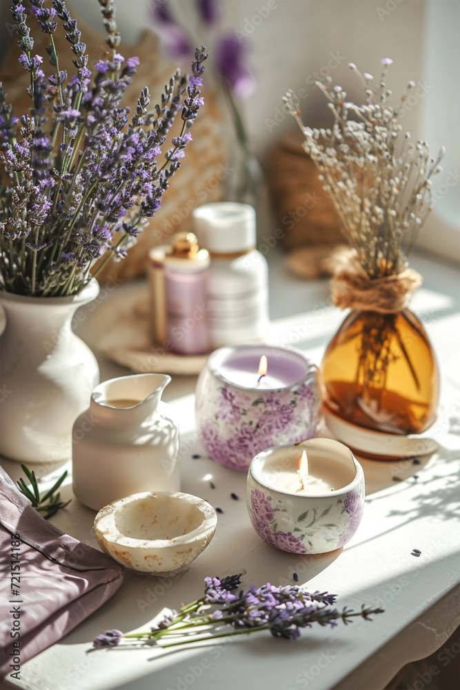 Spa products, soaps, salts and lit candle with lavender flowers Spa products, soaps, salts and lit candle with lavender flowers