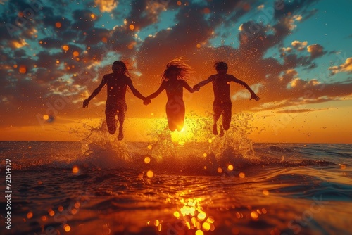 As the sun sets behind a backdrop of vibrant clouds, a group of silhouetted figures leap into the glistening ocean, their bodies backlit by the warm glow of the sky, creating a breathtaking scene of 