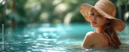 A fashionable woman lounges in a pool, donning a stylish sun hat and intricate headdress, radiating confidence and relaxation in the summer sun