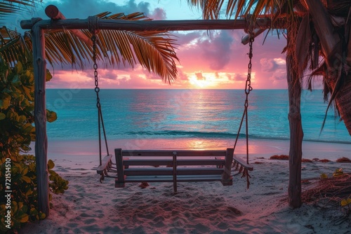 As the sun rises, casting a golden glow over the tropical landscape, a lone swing on the beach stands as a symbol of peaceful solitude amidst the crashing waves and swaying palm trees