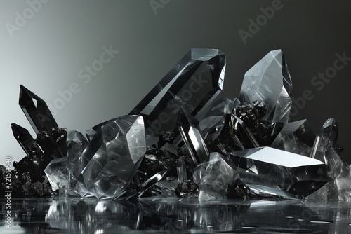 Dramatic black crystal formations rising sharply against a grey background, embodying the stark beauty of mineral structures.