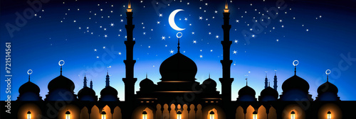 Spiritual Essence of Ramadan, Islamic Silhouette and Crescent Moon, Night Sky and Mosque Design