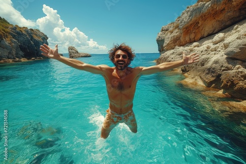 A daring man dives into the crystal blue waters, surrounded by the open sky and majestic mountains, embracing the thrill of adventure and the refreshing freedom of a swimwear-clad vacation