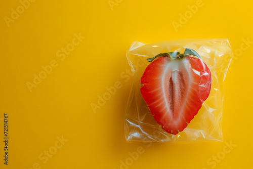 a slice of strawberry wrapped like candy in transparent foil on bright yellow background, photo
