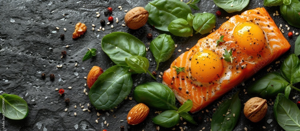 Nature's bounty is beautifully presented on a plate, with a golden egg yolk perched atop a succulent piece of salmon, surrounded by fresh ground leaves and vibrant outdoor vegetables