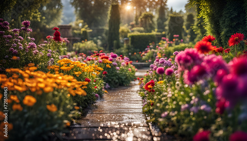 Nahaufnahme eines sch  nen Gartens voller bunter Blumen und Bl  ten an einem sonnigen Tag im Fr  hling oder Sommer nach einem Regen mit strahlendem Sonnenschein  G  rtnern  Park  gestalten
