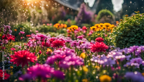 Nahaufnahme eines schönen Gartens voller bunter Blumen und Blüten an einem sonnigen Tag im Frühling oder Sommer nach einem Regen mit strahlendem Sonnenschein, Gärtnern, Park, gestalten © www.barfuss-junge.de