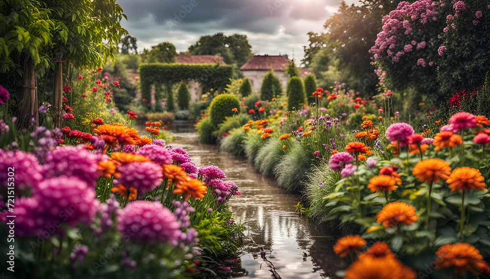 Nahaufnahme eines schönen Gartens voller bunter Blumen und Blüten an einem sonnigen Tag im Frühling oder Sommer nach einem Regen mit strahlendem Sonnenschein, Gärtnern, Park, gestalten