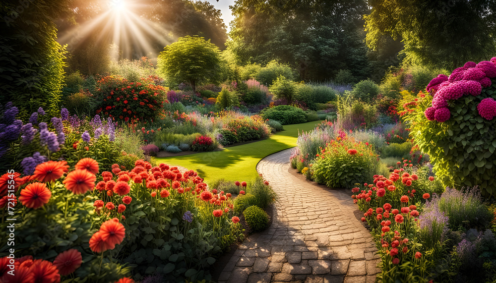 Fototapeta premium Nahaufnahme eines schönen Gartens voller bunter Blumen und Blüten an einem sonnigen Tag im Frühling oder Sommer nach einem Regen mit strahlendem Sonnenschein, Gärtnern, Park, gestalten