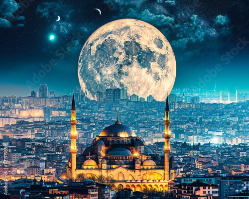 Istanbuls Night Skyline, Crescent Moon over Islamic Minarets, Cultural and Religious Landmark photo