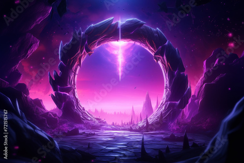 Fantasy magic portal. Purple teleport door frame to futuristic world