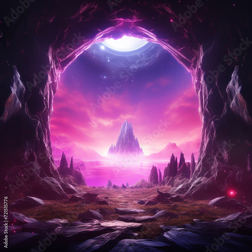 Fantasy magic portal. Purple teleport door frame to futuristic world © patternforstock