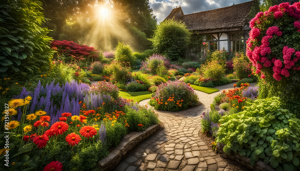 Nahaufnahme eines schönen Gartens voller bunter Blumen und Blüten an einem sonnigen Tag im Frühling oder Sommer nach einem Regen mit strahlendem Sonnenschein, Gärtnern, Park, gestalten