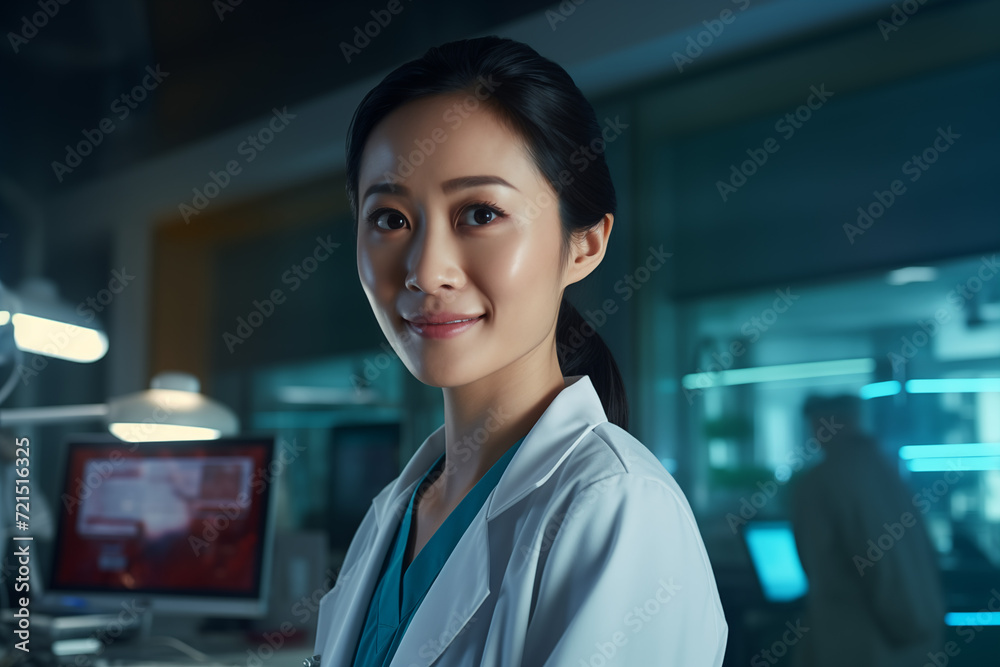 Obraz premium Asian women doctor smiling. World of Medicine. Personal care profession. Medical studies. China. Japan. AI.