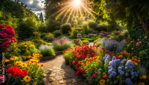 Nahaufnahme eines sch  nen Gartens voller bunter Blumen und Bl  ten an einem sonnigen Tag im Fr  hling oder Sommer nach einem Regen mit strahlendem Sonnenschein  G  rtnern  Park  gestalten
