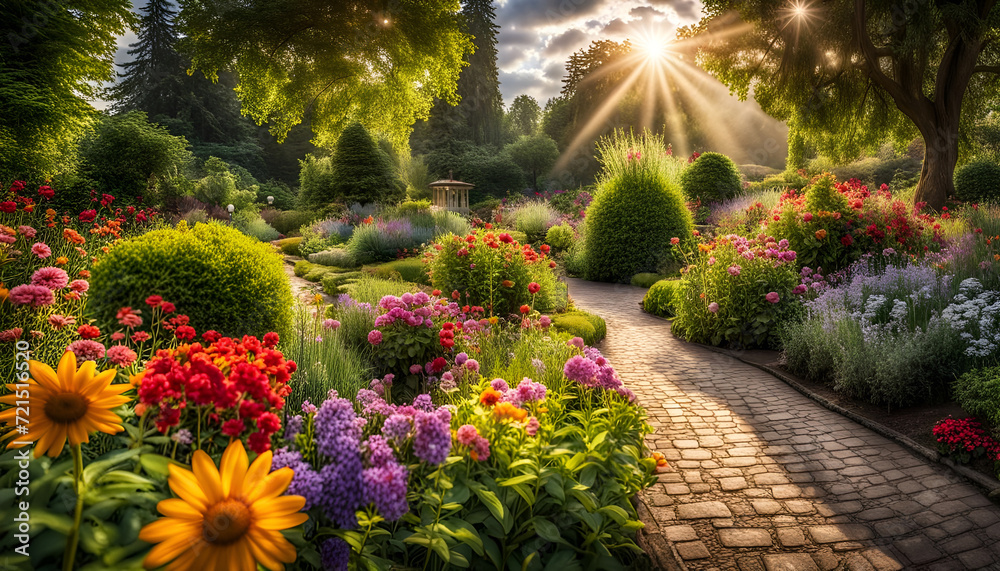 Nahaufnahme eines schönen Gartens voller bunter Blumen und Blüten an einem sonnigen Tag im Frühling oder Sommer nach einem Regen mit strahlendem Sonnenschein, Gärtnern, Park, gestalten - obrazy, fototapety, plakaty 