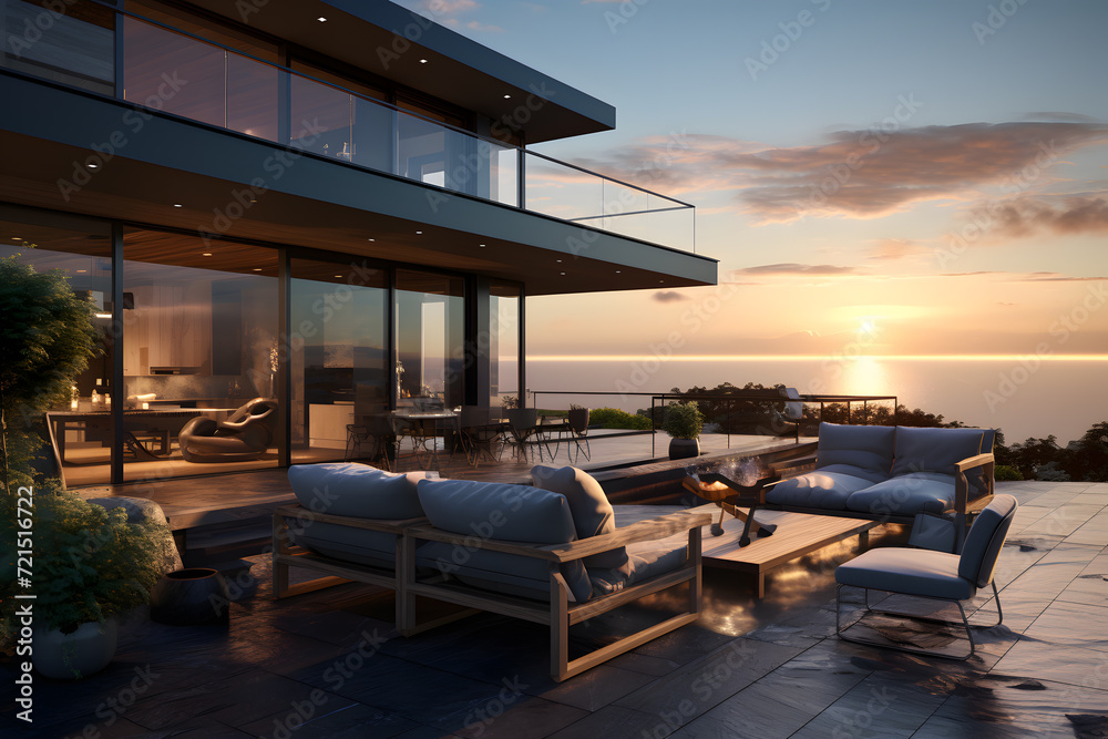 Fototapeta premium modern outdoor patio with a tiered deck