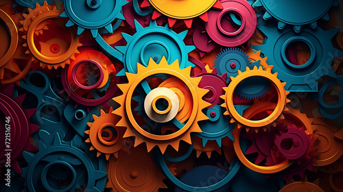 Abstract 3D gears and cogs turning in a palette of vibrant colors