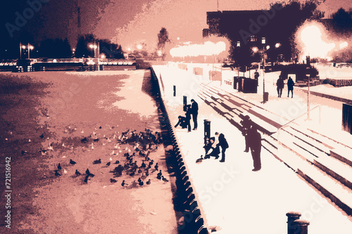 Fototapeta Naklejka Na Ścianę i Meble -  Ilustracja plakat nadbrzeże portowe zimą rzeka skuta lodem ludzie dokarmiający ptaki. 