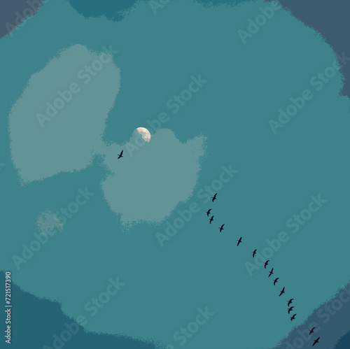 Ilustracja plakat pastelowe niebo przelatujące ptaki na tle księżyca.