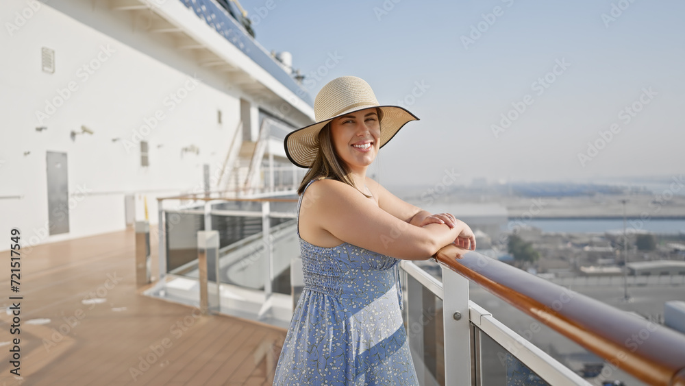 A smiling woman in a sunhat enjoys her holiday on the deck of a cruise ship, overlooking the ocean under a clear sky.