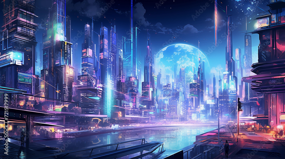 Obraz premium Cyberpunk cityscape with flying cars and neon signs in a spectrum of colors