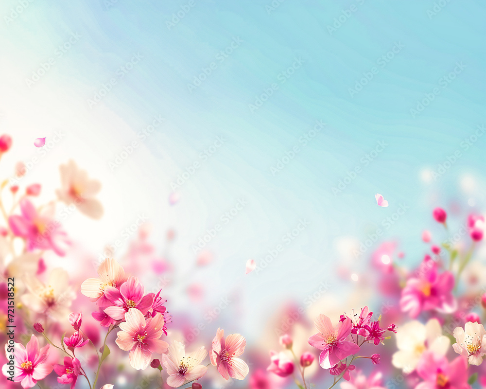 Springtime Sakura Blooming: Natures Cherry Blossom, Pink Floral Beauty with Blue Sky and Sunny Day