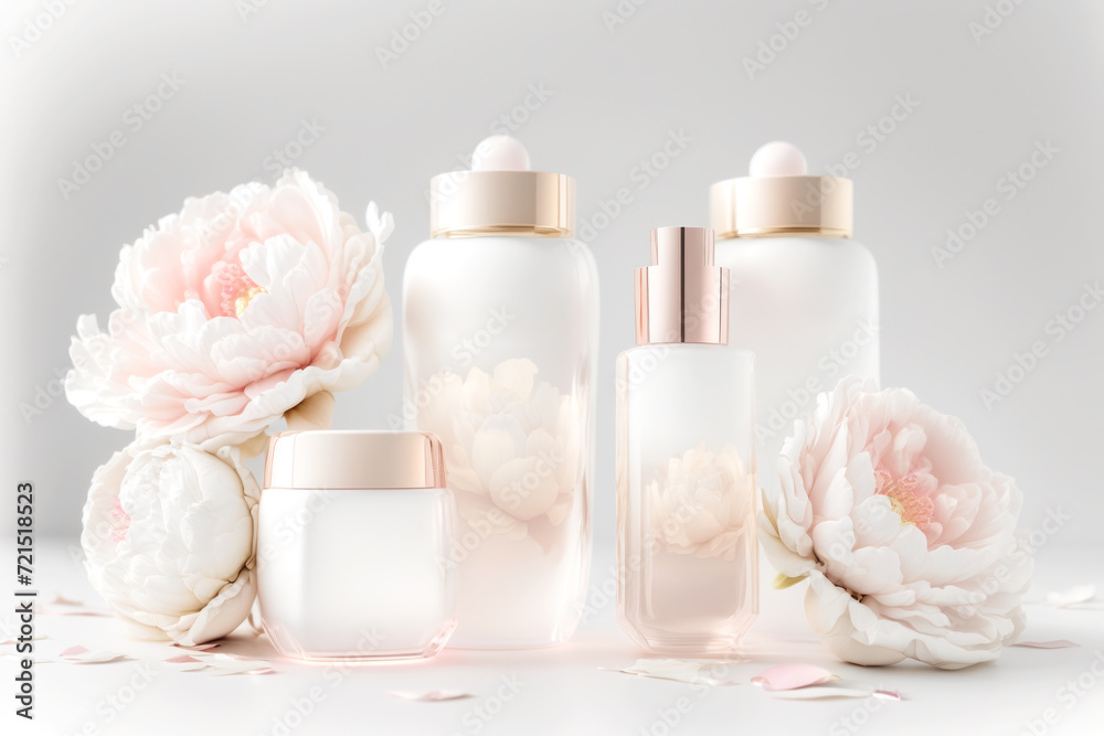 A set of glass bottles of cosmetics with beautiful pink flowers.
