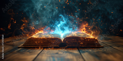 Magical book on fire releases water and flames photo