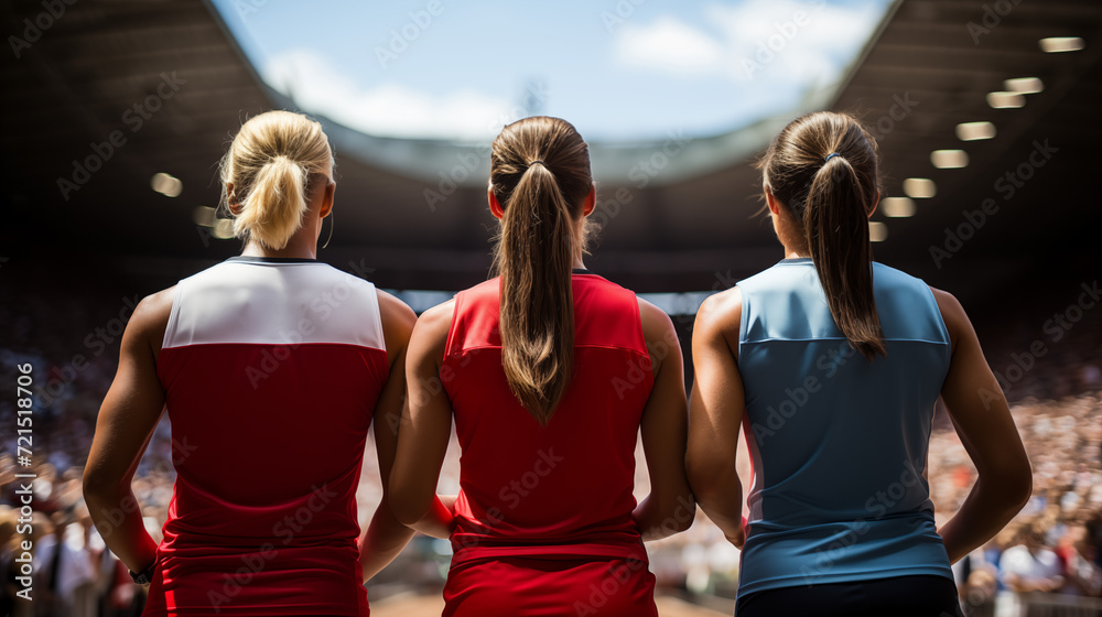 vue arrière de 3 femmes l'athlète sur la ligne de départ dans un stade