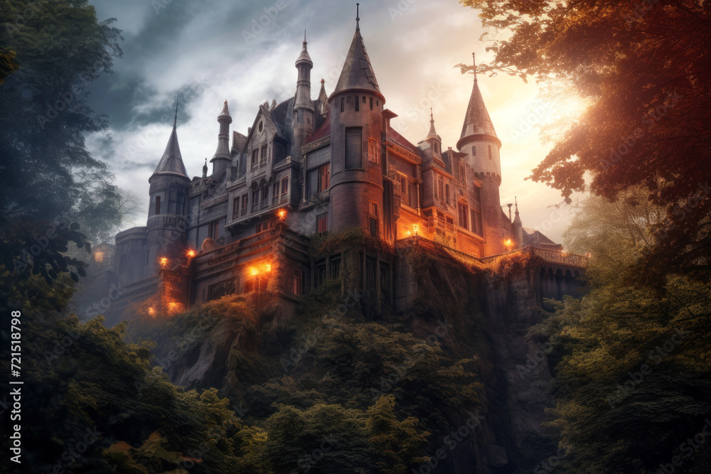 A fantastic Gothic castle on top of a cliff against the backdrop of mountains and forests.