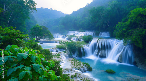 Tropical Detian Waterfall  Scenic Landscape of Flowing Water and Lush Greenery  Asian Paradise