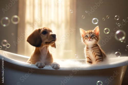 Close up of cute breed dog land cat look out of the bath. Sweet puppy washes and swims