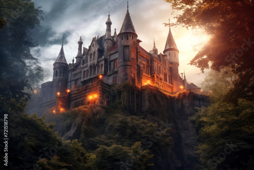 A fantastic Gothic castle on top of a cliff against the backdrop of mountains and forests.