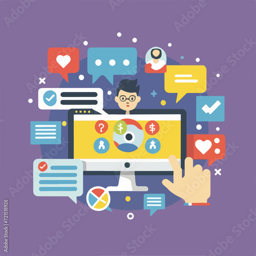 2d vector illustration colorful social media boost , influence blogger E-marketer via Internet pages marketing referral