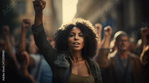 African American woman shouts a cry against the backdrop of a crowd of people photo