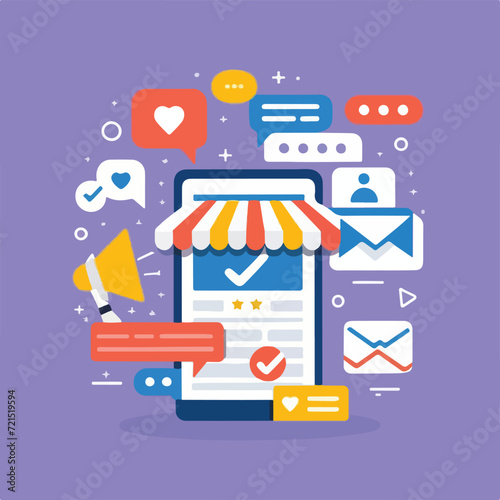 2d vector illustration colorful social media boost , influence blogger E-marketer via Internet pages marketing referral
