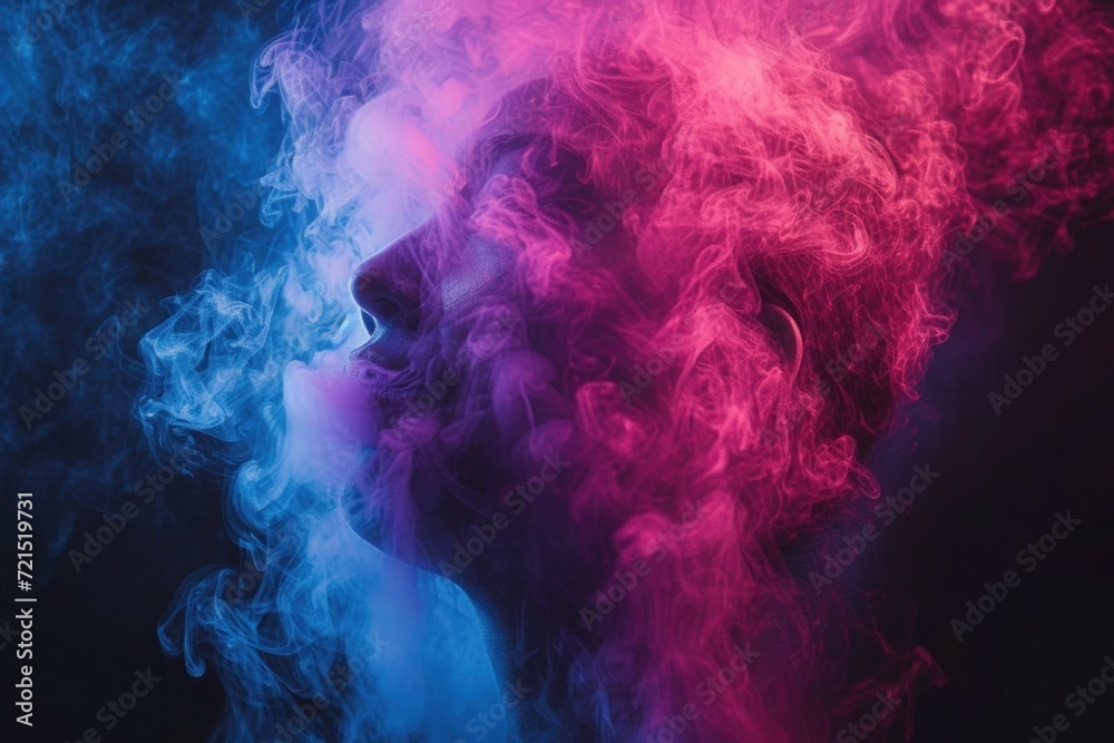 smoke on black and women´s face in mystery surrounding, Ethereal tendrils of navy and magenta vapor curl and twist in a lively display of color and motion..  - obrazy, fototapety, plakaty 