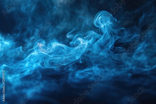 Blue Smoke on Black Background, professional color grading, Delicate swirls of azure and cyan smoke curl fluidly, creating an abstract pattern that conveys motion and grace..