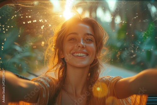 A beaming woman captures a moment of pure joy in the warm sunlight, showcasing her unique style and infectious smile through a screenshot of her portrait selfie