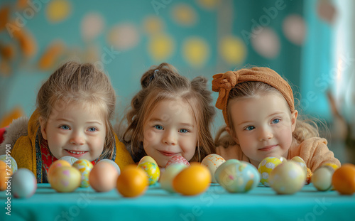 Cheerful group of children gather around a table  adorned with vibrant oranges and dressed in colorful clothing  their young faces filled with excitement as they carefully hold delicate eggs for a spr