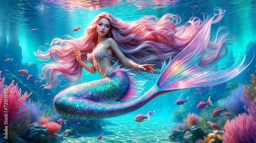 Captivating Mermaid with Pink Hair and Iridescent Shiny Scales in Vibrant Aquamarine Waters 4K wallpaper