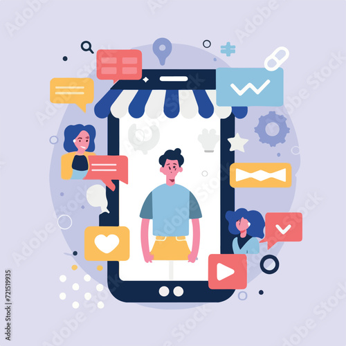 2d vector illustration colorful social media boost , influence blogger E-marketer via Internet pages marketing referral