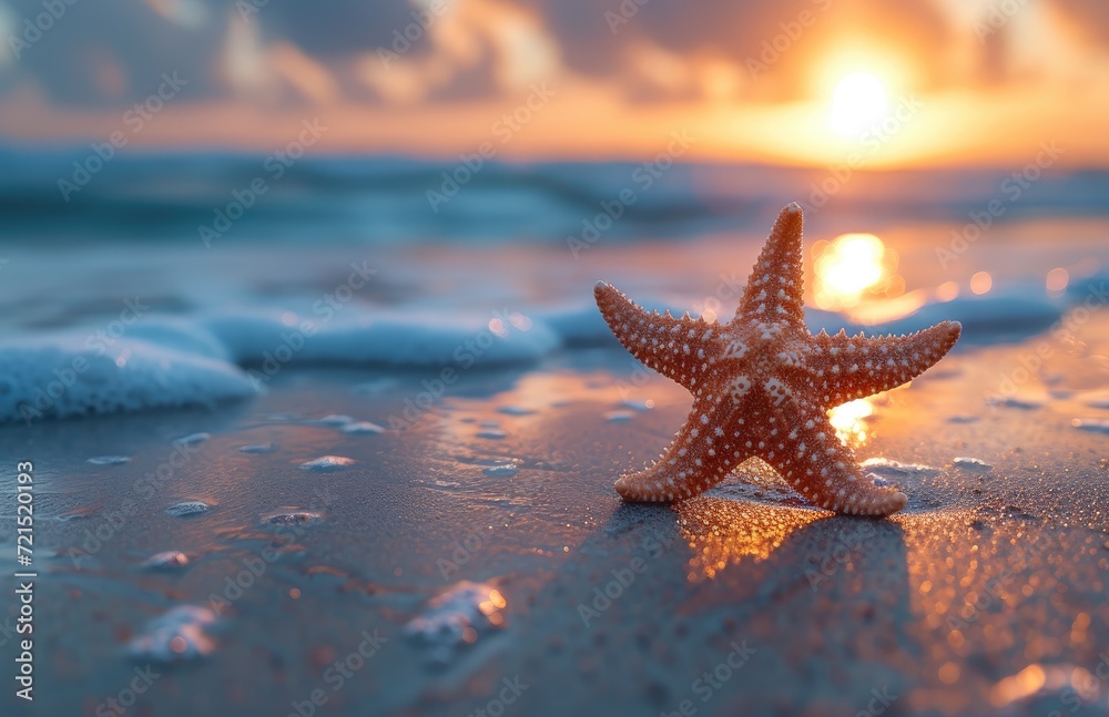 A solitary starfish basks in the warm hues of the sunrise, its echinoderm body blending with the sandy beach and reflecting the endless sky above A solitary starfish basks in the warm hues of the sunrise, its echinoderm body blending with the sandy beach and reflecting the endless sky above