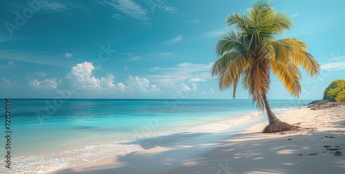 A tranquil oasis of vibrant blues and lush greens, where the majestic palm trees sway to the rhythm of the caribbean breeze on the sandy shores of a tropical paradise © Larisa AI