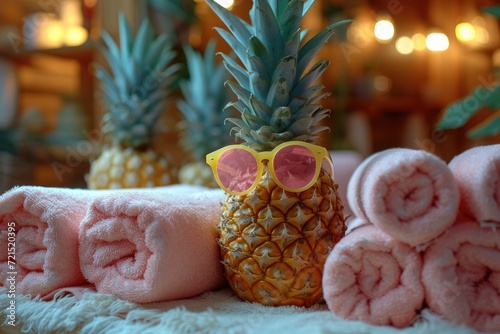 A playful indoor scene featuring a trendy pineapple donning sunglasses and a towel, adding a touch of summer to the decor while also tantalizing tastebuds with its delicious fruit photo