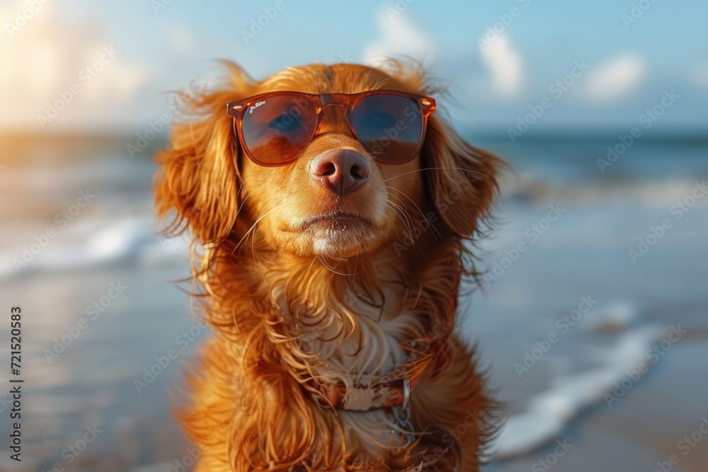 A sun-kissed spaniel, with cool shades and sandy paws, basks on the beach as the clear blue sky reflects in the glistening water